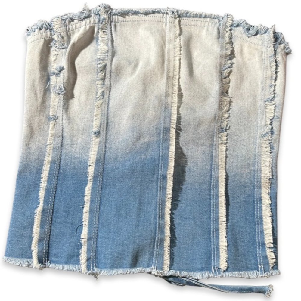Fashion Nova Women's Strapless Lace Up Denim Style Distressed Blouse Size Small